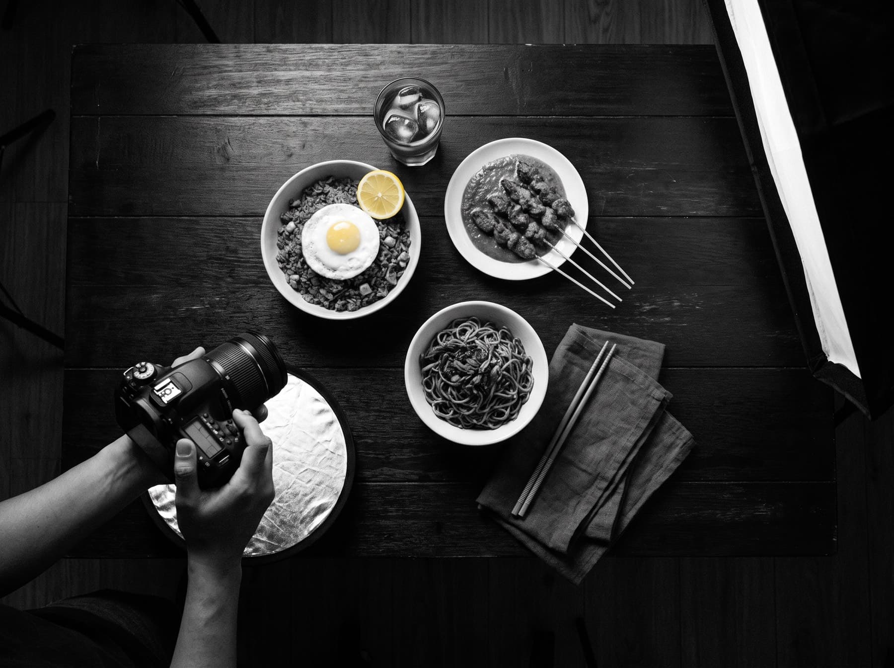Overhead menu photo shoot: fried rice, satay and chicken noodles