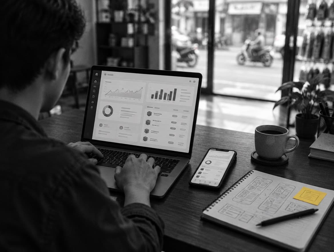 Developer mengerjakan dashboard aplikasi di laptop dan ponsel, di kantor ruko