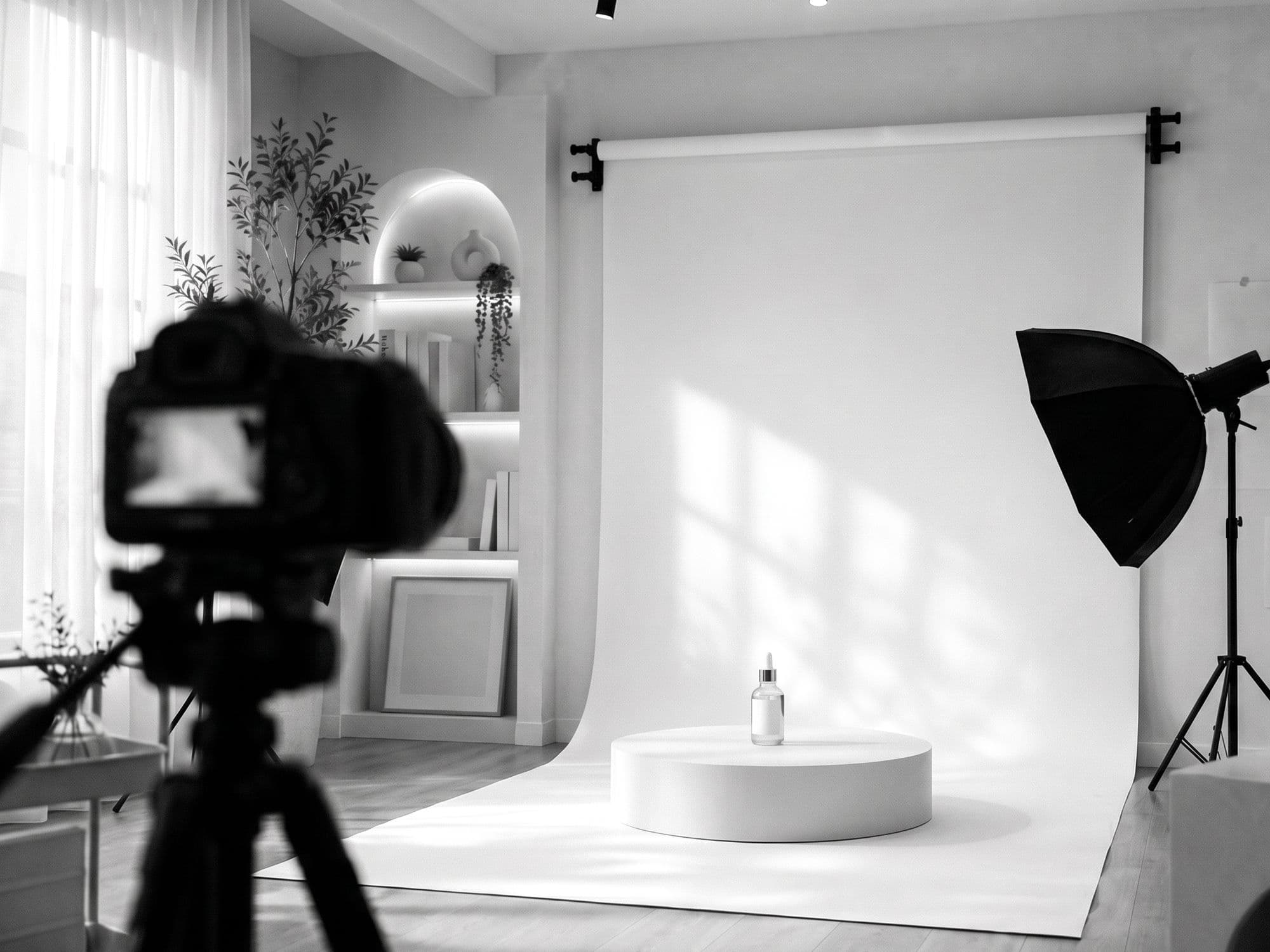 Meja produk dan latar di studio foto